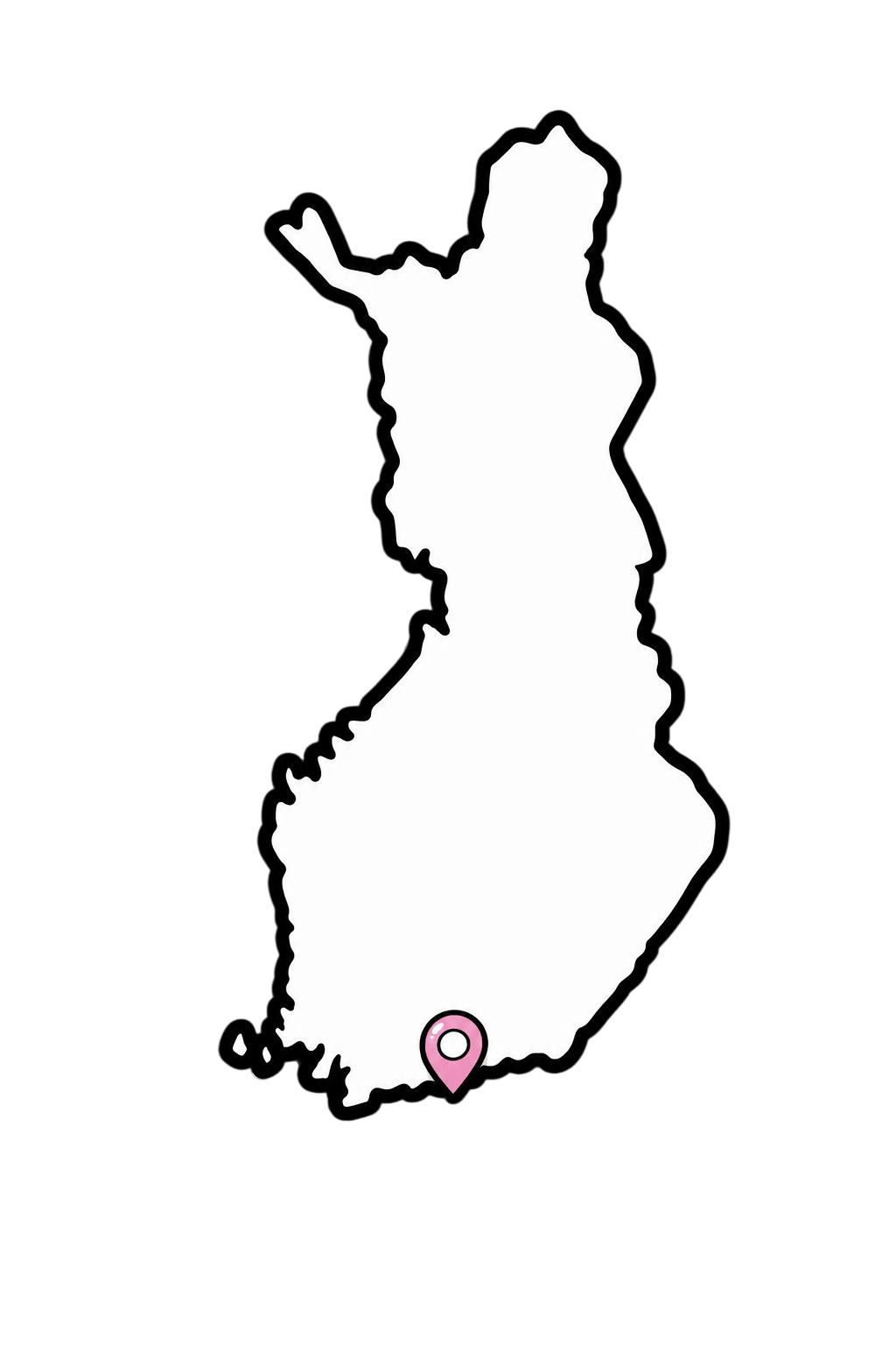 Suomen kartan ääriviiva, jossa pinkki sijaintipinni osoittaa Helsinkiä ja pääkaupunkiseutua